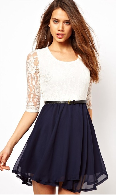 Sleeve Waist Lace Chiffon Dress